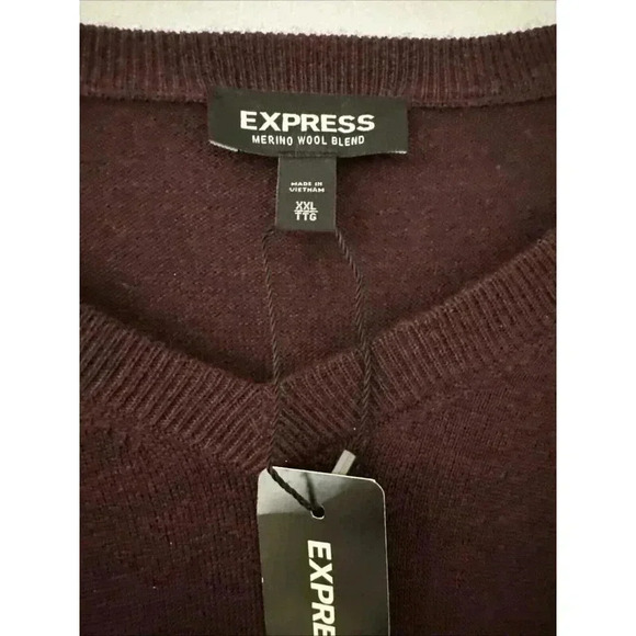 NEW Express Mens Sz XXL Merino Wool Blend V Neck Sweater Maroon Burgundy Classic - Picture 5 of 11